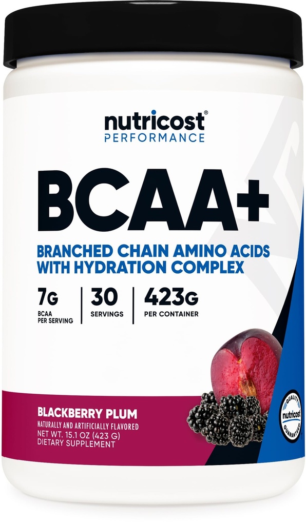Nutricost BCAA Active with Glutamie, Citrullie, un kokosriekstu hidrācijas pulveris (BlackBerry Plum) 30 Pasniedz - sazarotas ķēdes aminoskābes ar hidrācijas kompleksu - bez lipekļa, ne-GMO