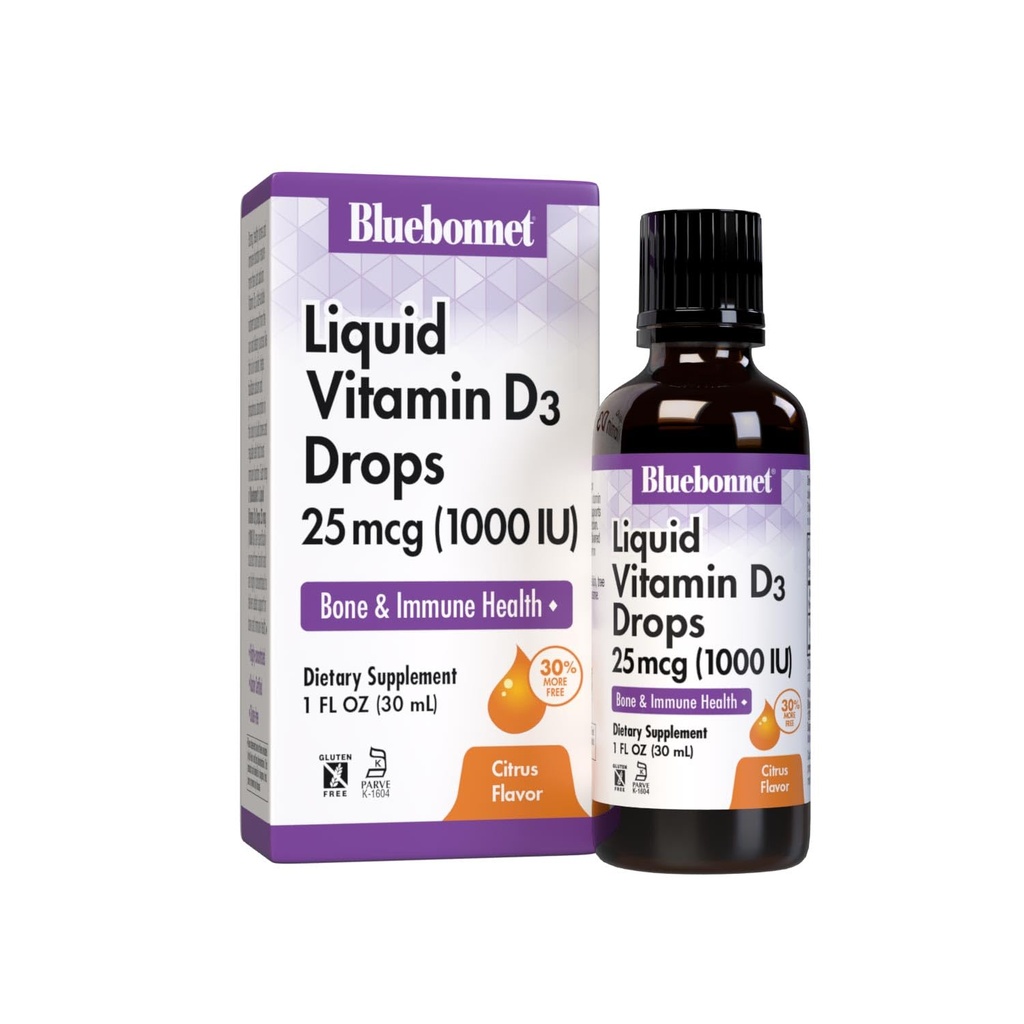 BlueBonnet D3 vitamīns 1000 SV 25mcg Spēcīgi kauli un Imūnsupporta papildinājums - šķidri vitamīni sievietēm un vīriešiem - Lanolīna VIT D pilieni ar MCT eļļu - ne-GMO, veģetārs - Citrus Flavor - 1 Fl Oz