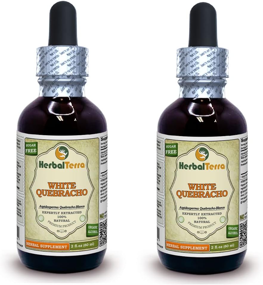 White Quebracho (Aspidosperma Quebracho-Blanco) Tincture, Žāvēts mizas pulvera šķidruma ekstrakts (Brand nosaukums: HerbalTerra, Proudly Made in USA) 2x2 fl.oz (2x60 ml)