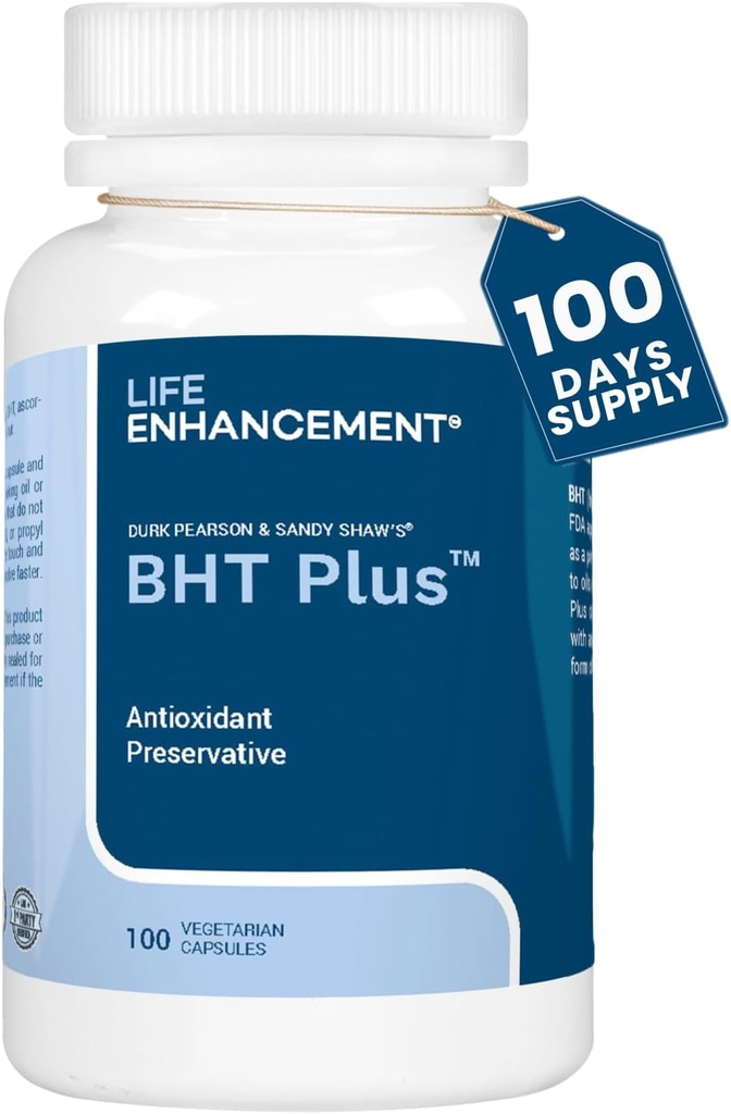 Dzīvības uzlabošana BHT Plus - Antioksidants Konservants - 180mg BHT un 80mg C vitamīna (Ascorbil Palmitate) - 100 Kalpo