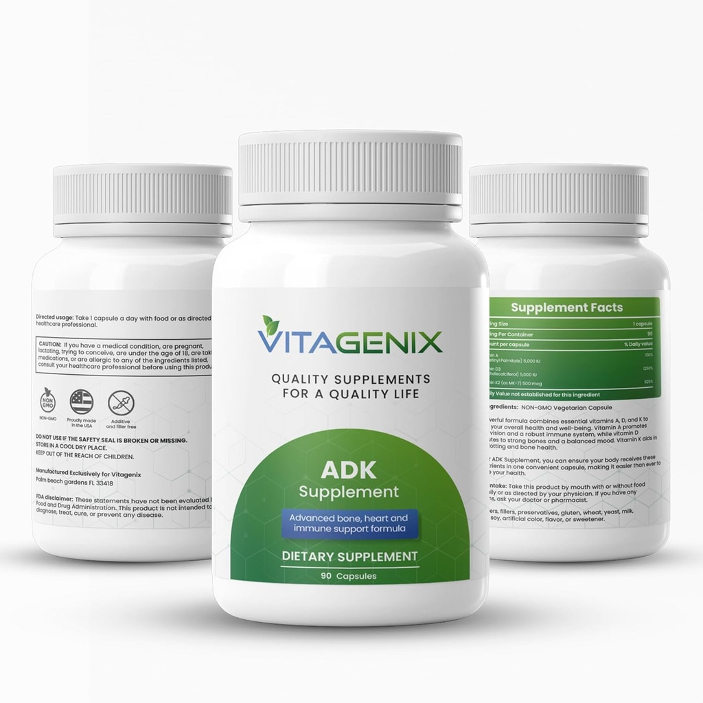 ADK 10 - A vitamīns, D3 & K2 Papildinājums vīriešiem un sievietēm - Vitamīns ADK - palīdz atbalstīt Imūnās, kaulu un sirds veselība - 90 kapsulas
