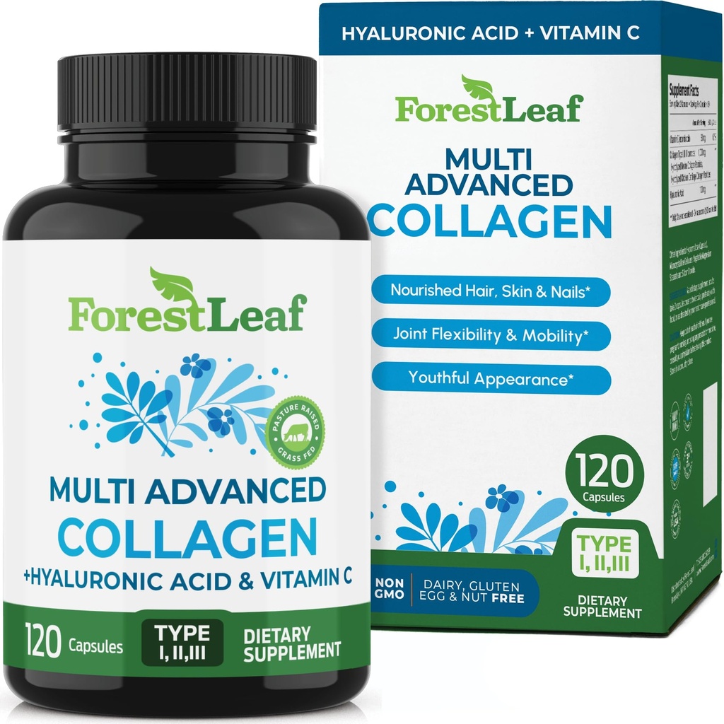 ForestLeaf Multi-kolagēna tabletes ar hialuronskābi + C vitamīnu; Hidrolizēti kolagēna papildinājumi sievietēm vai vīriešiem; multi-kolagēna kapsulas Peptīdi ādai, grumbām, 120 vāciņi