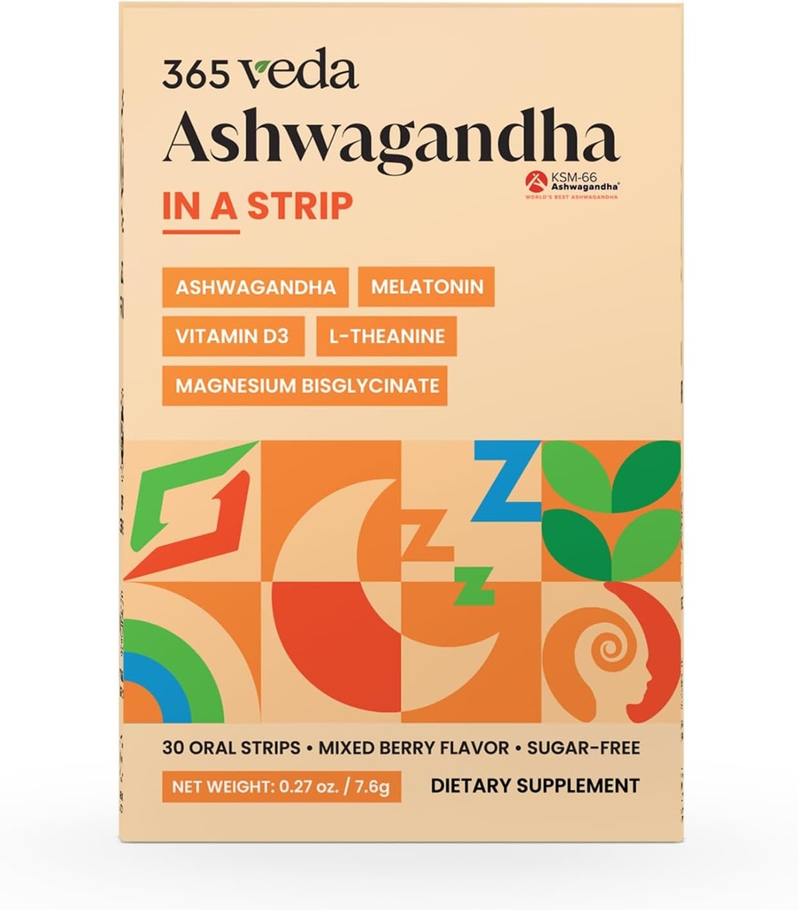 Ashwagandha oral Strips 100 mg KSM 66 Ashwagandha, L-Teanīns, Melatonīns, D3 vitamīns un magnijs, Vegan Strip vīriešiem un sievietēm, bezcukura, ne-GMO, 30 orālas Strips (Berry)