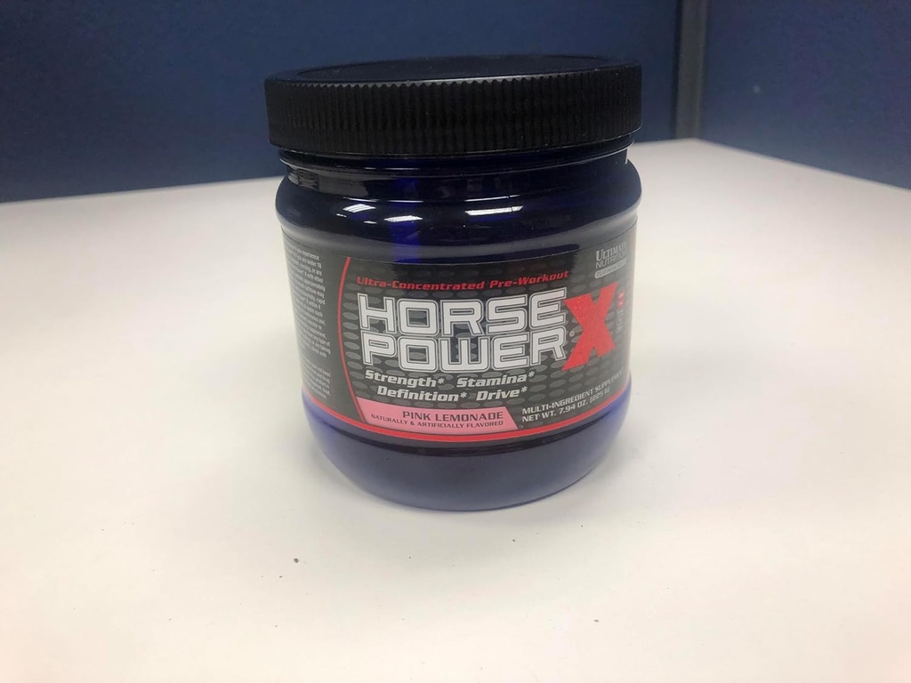 Ultimate Nutrition Horse Power X, koncentrēts pirms treniņa papildinājums, kreatīns un vitamīns B12, Atbalsta stiprums, rozā citronāde, 7.94oz (225g)