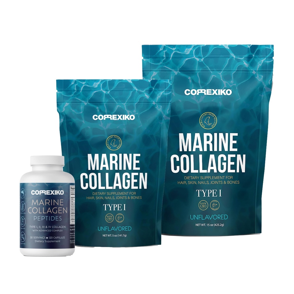 CORREXIKO Marine kolagēna papildinājums Tabletes un pūdera paka - Ietver 10 000 mg dubultu hidrolizētu kolagēna pulveri 15 oz & 5oz un 1800mg kolagēna peptīdu 120 kapsulas - matiem, ādai un nagiem