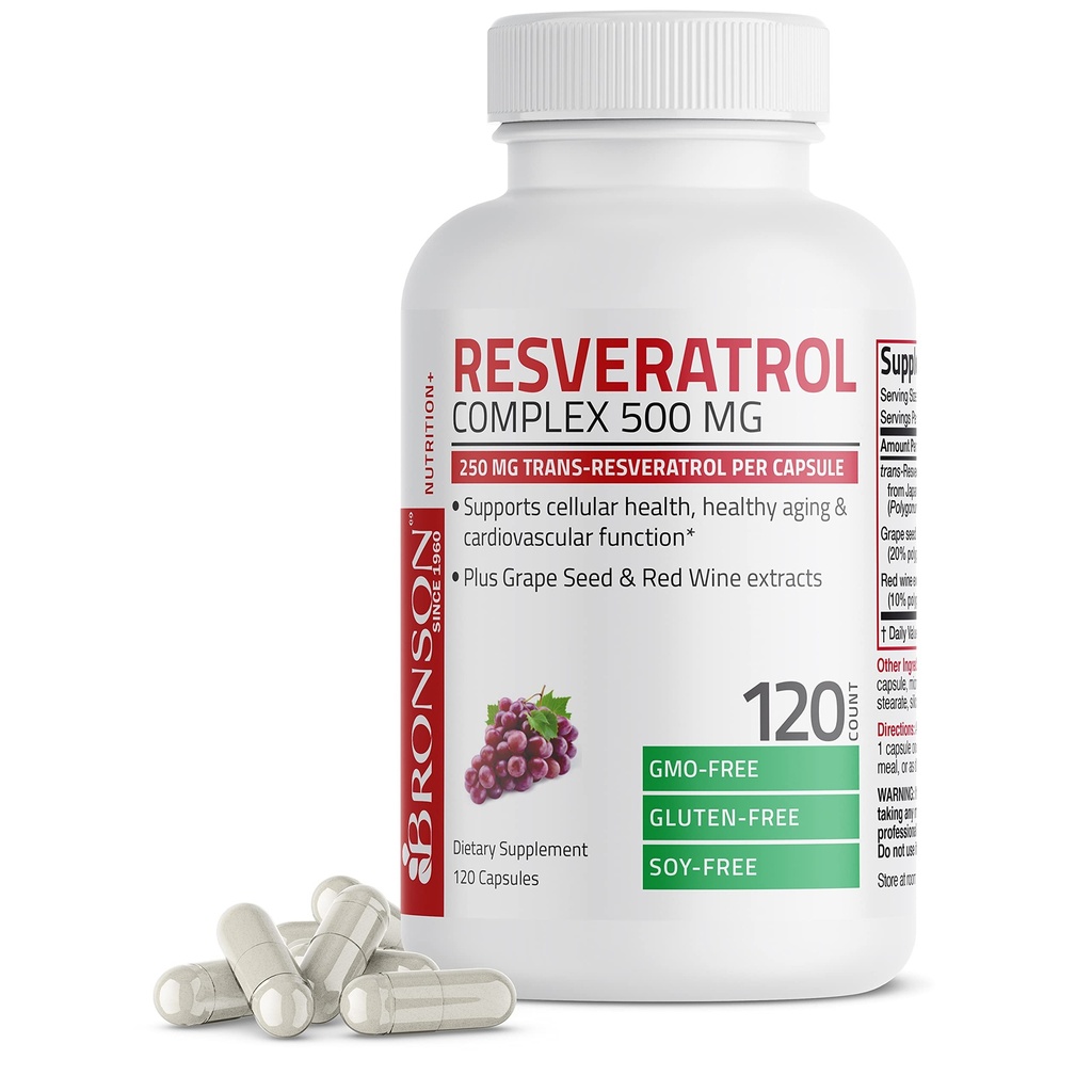 Bronson Resveratrol 500 Complex Standardized Trans-Resveratrol + Vīnogu sēklu un sarkano vīnu ekstrakts, 120 kapsulas