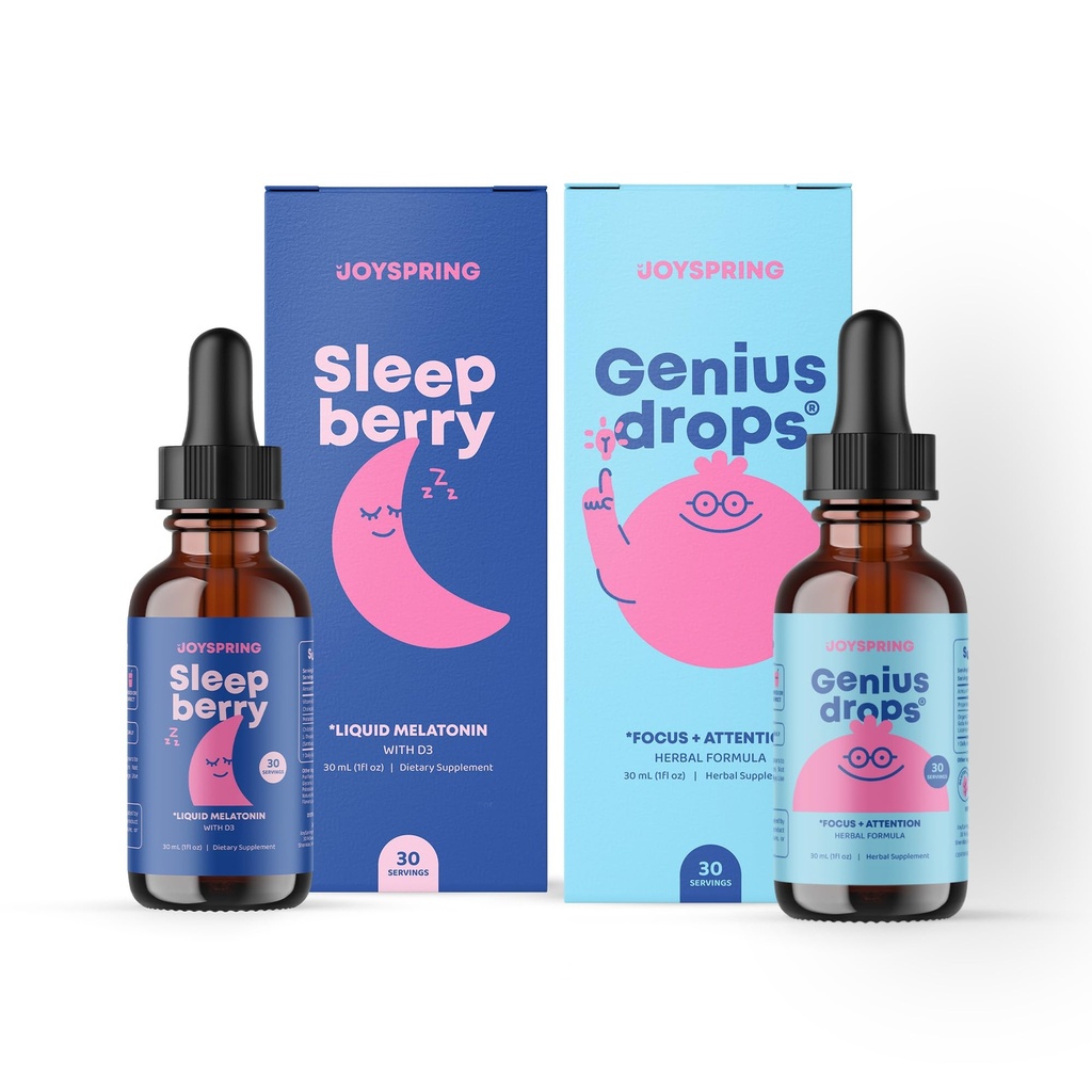 JoySpring Genius nokrīt smadzeņu papildinājums un SleepBerry Melatonin bērnu miega atbalstam