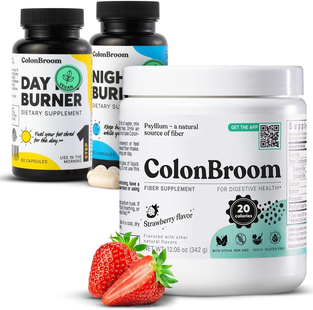 ColonBroom Psyllium Husk pulveris, Colon Broom Colon Cleanser Fiber papildinājums uzputošanas Relief & Gut Veselība + diena un nakts Burner papildinājumi, Svara vadības tabletes (60 Kalpojumi), 3 Vienības