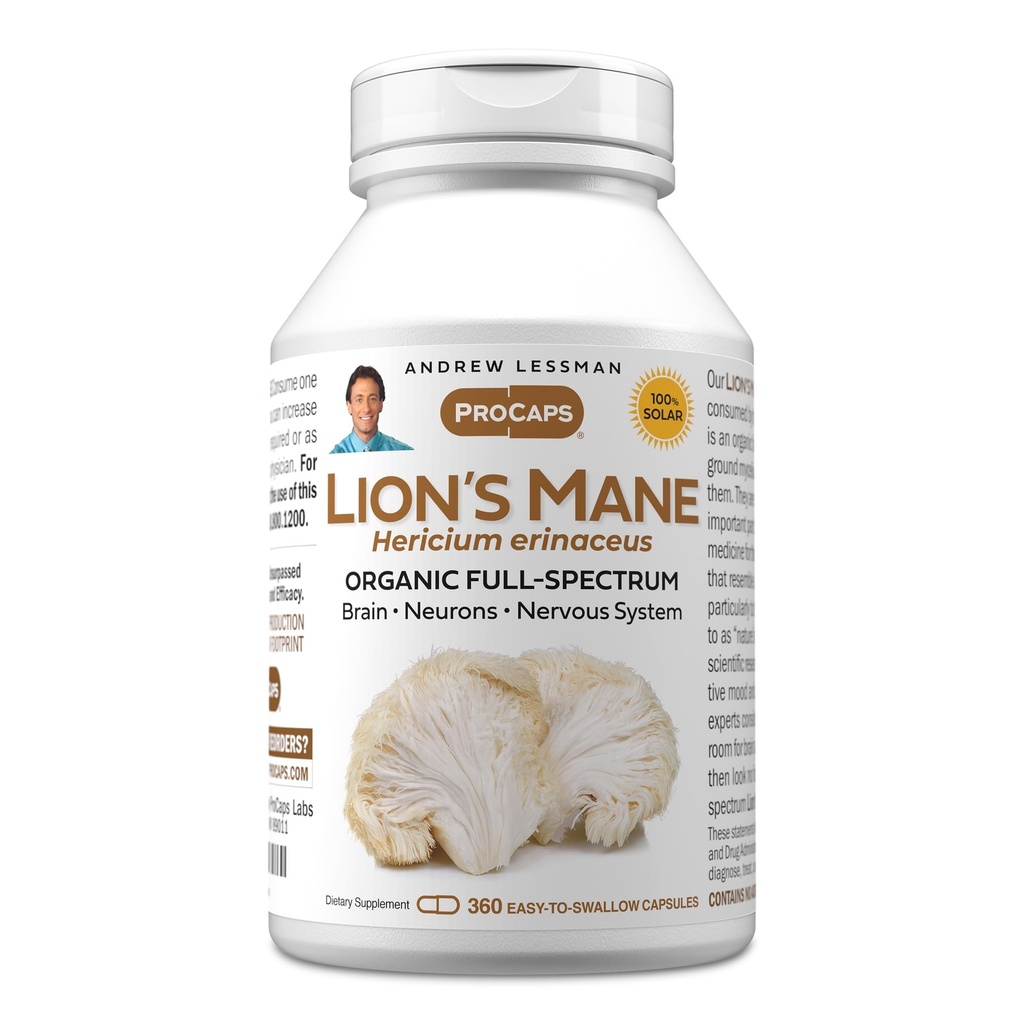 ANDREW LESSMAN’s Lion’s Mane 360 Capsules - Organic Full Spectrum Lion’s Mane Sēnes ekstrakts - atbalsta veselīgu smadzeņu, kognitīvo un nervu sistēmas funkciju - bez piedevām.