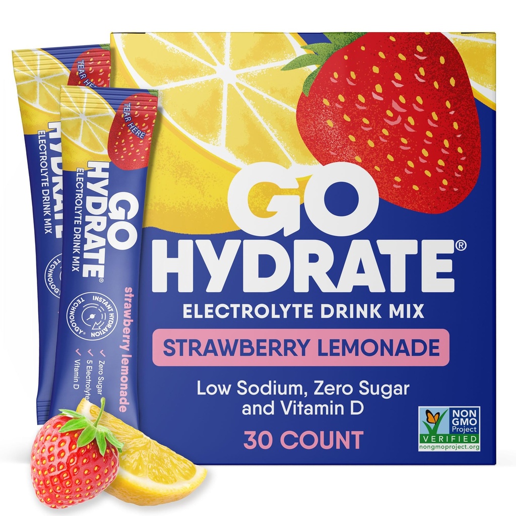 GoHydrate zemu nātrija Elektrolītu pulvera paciņas Bezcukura - Tūlītēja hidrācija Dzēriens Mix - Nulles Cukura Ūdens Uzliesmojošs Packet Vientuļi ar vitamīnu D - (Zemeņu citronāde, 30 iepakojumi)