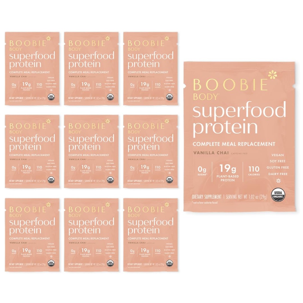 Boobie Body Superfood Olbaltumvielas Ēdienreizes nomaiņa Shake, Vanilla Chai Flavor          - 19g Olbaltumvielas - Drošā grūtniecības, zīdīšanas, & mātes vecumā - Organic, Vegan, Zero Sugar, 10 Viena Serve Packets (1,02 oz katrs)