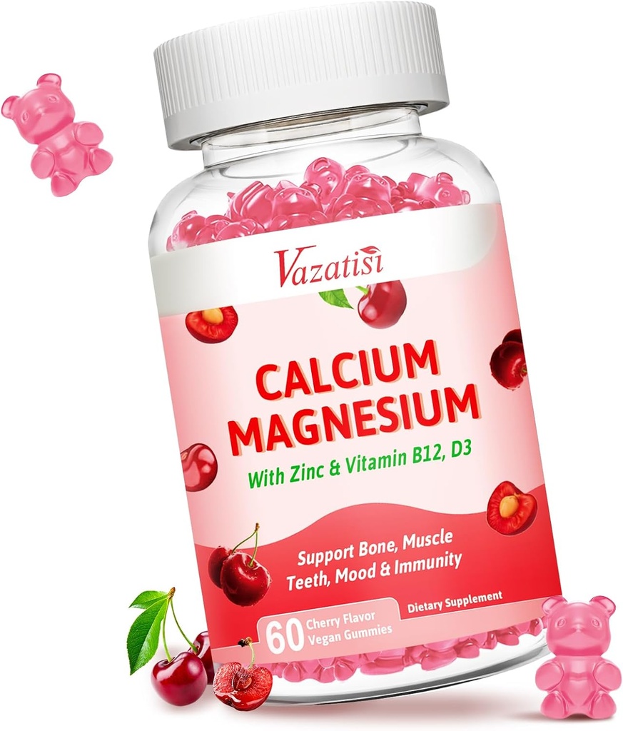 Kalcija magnija Cinka Gumijas, kalcija Magnijs 2:1 Attiecība ar vitamīnu D3 & B12 atbalstam Muskuļi, Mood un Immunity, 60 Vegan Cherry Flavor Gumies