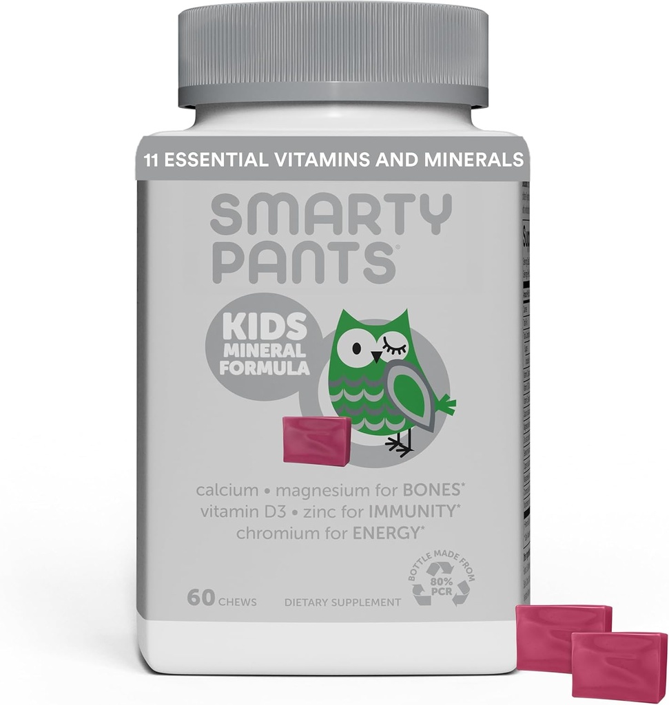 SmartyPants Kids Mineral Košļājamās vielas: magnija citrāts un kalcija papildinājums ar vitamīnu D3, vitamīns C, K2, cinks un selēns imūnās sistēmas atbalstam, 60 grāfs (30 dienu piegādes)