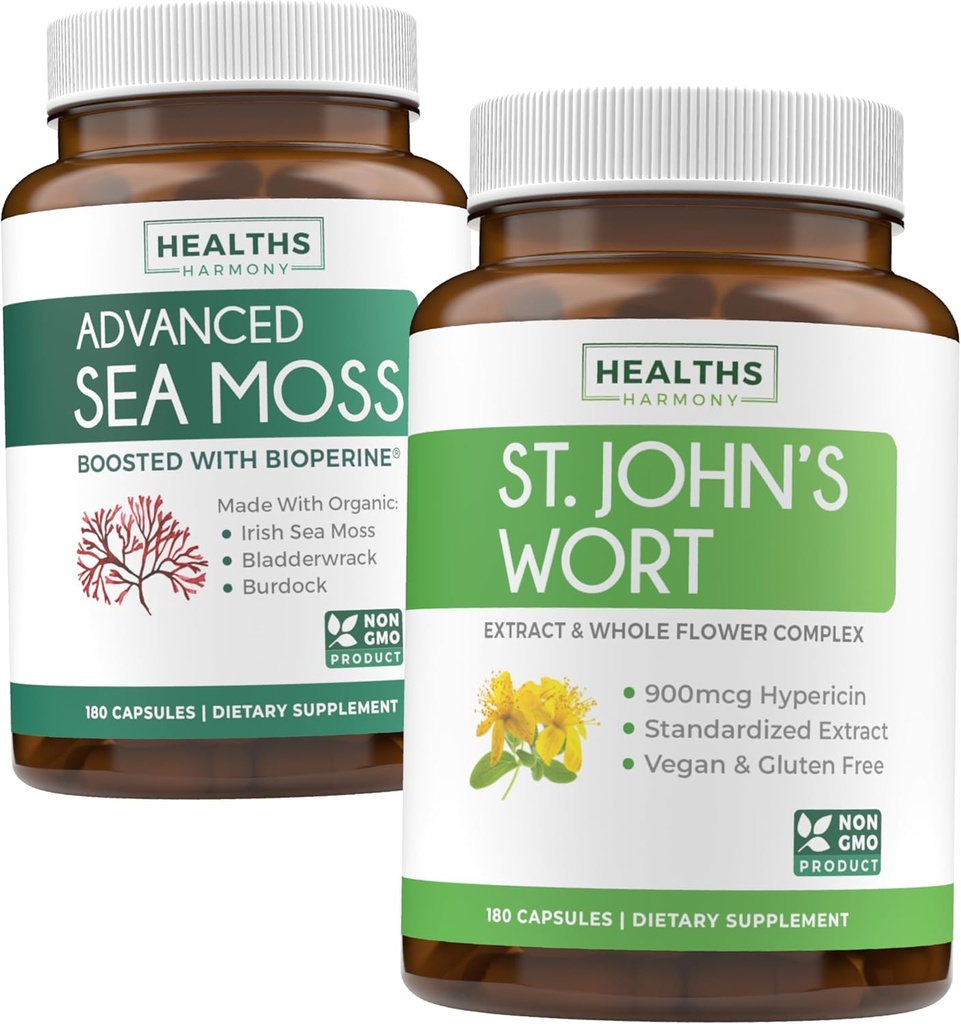 Sea Moss & St. John's Wort (2-Mēneša piegādes) Mood Moss Blend - Organic Irish Sea Moss - Raw Vegan Papildinājums (180 Caps) & St. John's Wort with Powerful 900mcg Hipericīns Vegan Ne-GMO (180 Capsules)