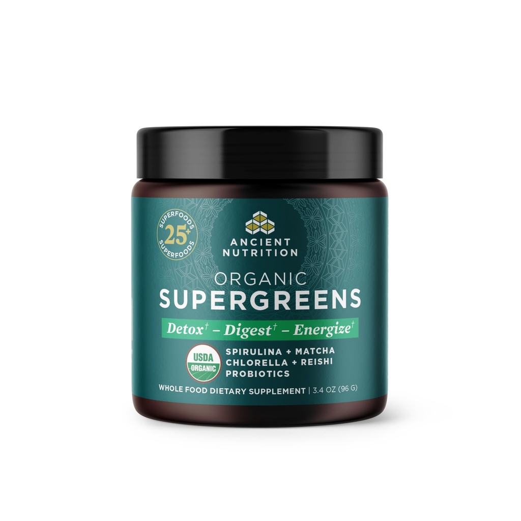 Ancient Nutrition Organic Super Greens Pulveris ar probiotikām, Organic Greens Flavor Greens, izgatavots no reāliem augļiem, dārzeņiem un augiem, Gremošanas un enerģijas atbalsts, 12 Servējumi, 3.4oz