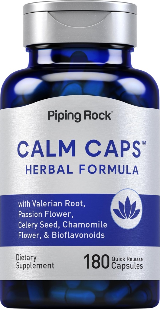 Piping rock Calm kapsulas    ) 180 tabletes  ) augu ekstrakts blend  ) ar kumelīšu, baldriāns, un Passion zieds ] Ne-GMO, bez lipekļa Papildinājums