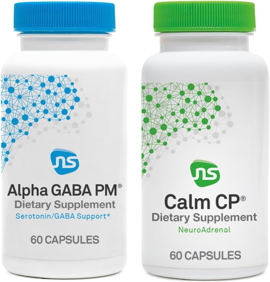 NeuroScience Stresa reakcijas un miega režīms - Alpha GABA PM + Calm CP ar melatonīnu, L-teanīnu, Banaba Leaf un citiem (2 produkti, 60 skaitīšanas katrs)
