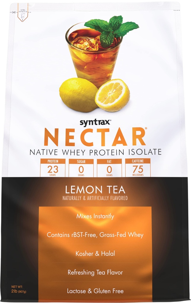 Syntrax Nutrition Nectar, 100% Sūkalu olbaltumvielu izolāta pulveris, atsvaidzinošs augļu uzlējums, citronu tēja, 2 mārciņas