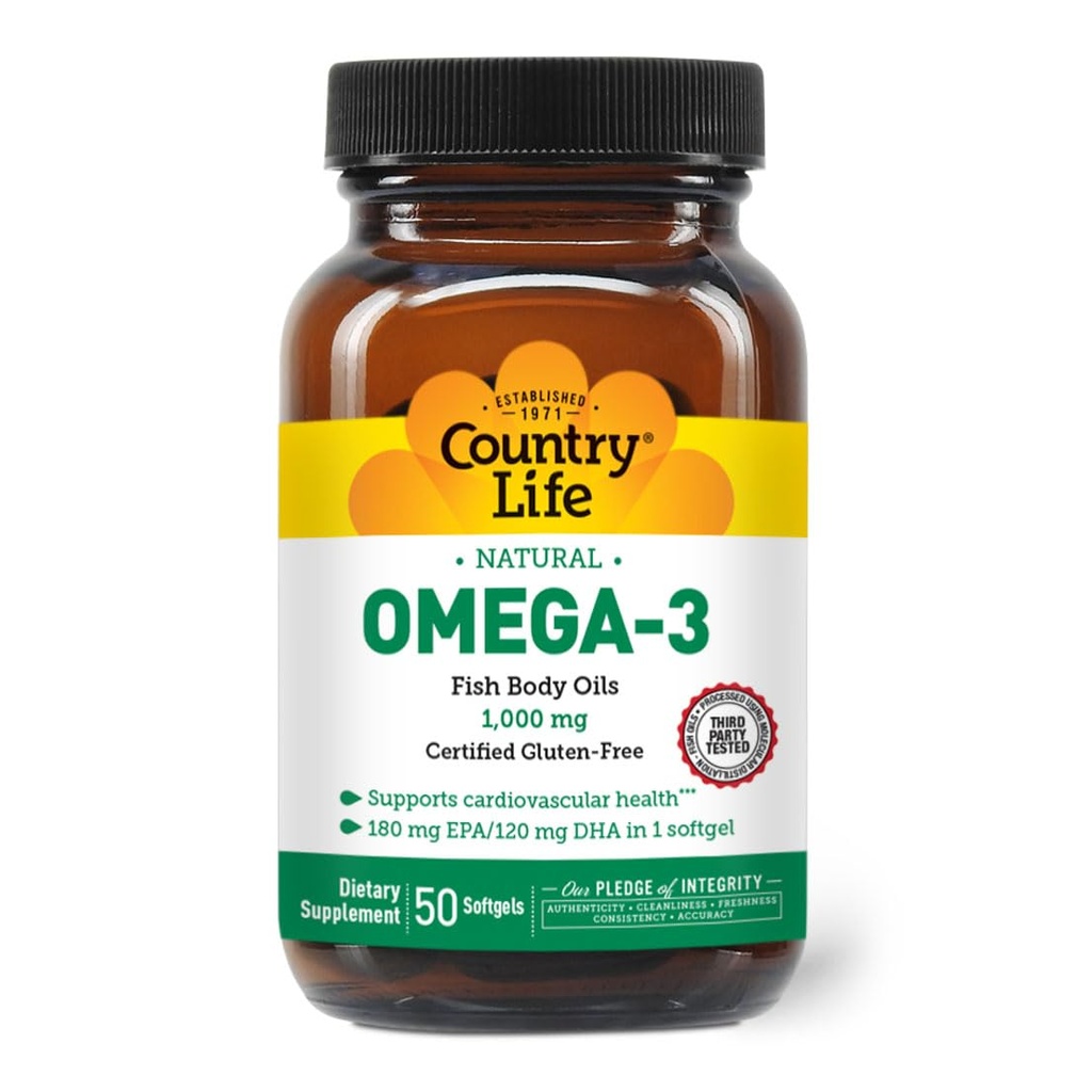 Country Life Omega-3 Zivju eļļa Papildinājums, 10000mg, 180mg EPA & 120mg DHA, Zivju eļļa Koncentrāts, Burpless, 50 Softgels, Sertificēts Gluten Free