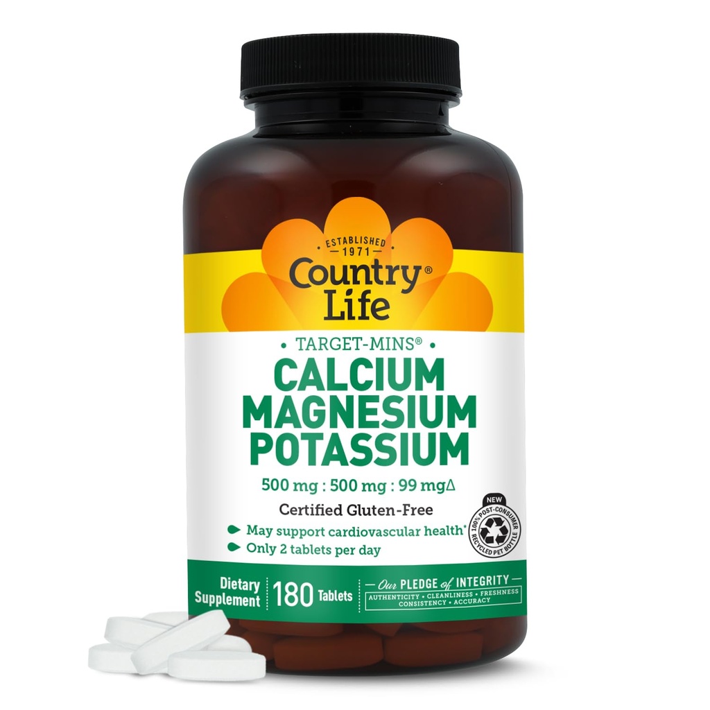 Valsts Life mērķa Mins - kalcija magnija kālija kaulu un sirds veselības papildinājums, 1000mg kalcija, 500mg magnija, atbalsta kalcija izmantošanu, 180 tabletes – Sertificēts lipekļa bezmaksas un vegan