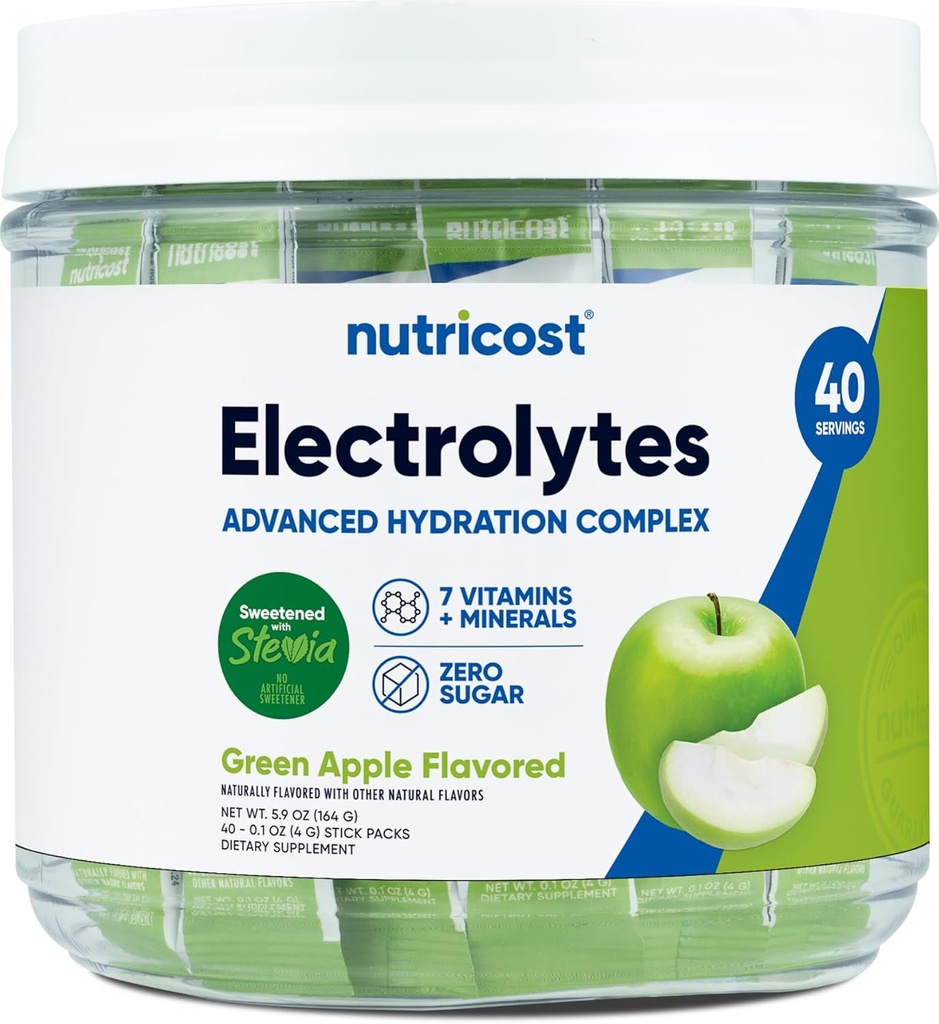 Nutricost Elektrolītu komplekss, Green Apple aromatizēts, 40 Stickpacks - Advanced Hydration Complex