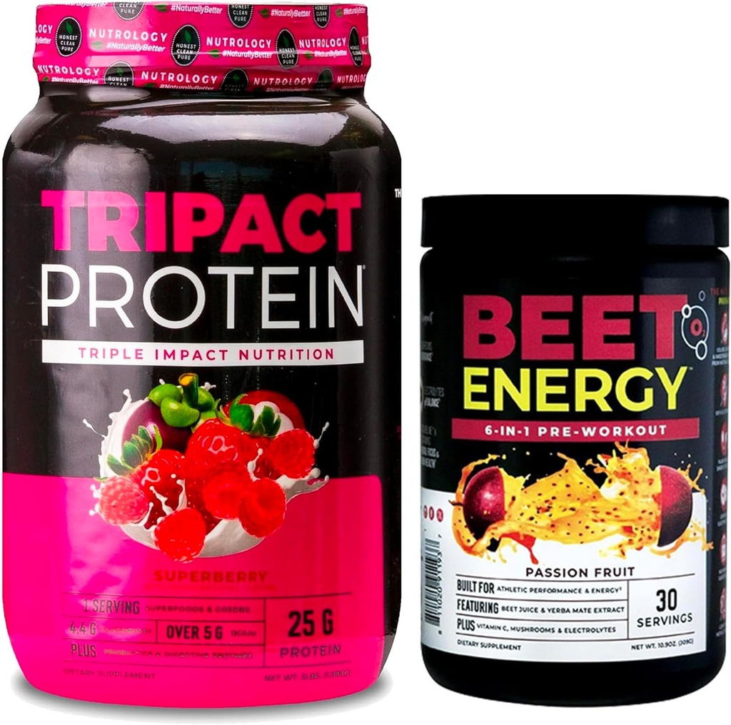 Nutroloģija TRIPACT proteīna pulveris, 7-in-1 Ēdienreizes aizstāšana Shake, Superberry (40 Servē) Bišu dabas O2, Pirms Workout Pulveris, Passion Fruit Flavor (30 Servē)