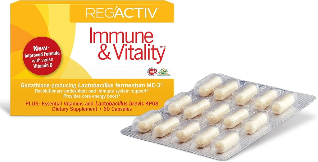 Reg'Activ Imūnās un Vitalitāte - Vielmaiņas pastiprinātājs ar Lactobacillus fermentum ME-3 Probiotikas gremošanas veselības Gut veselības bagātinātājiem, ar vegan vitamīniem, kas būtiski imūnās veselības uzturēšanu