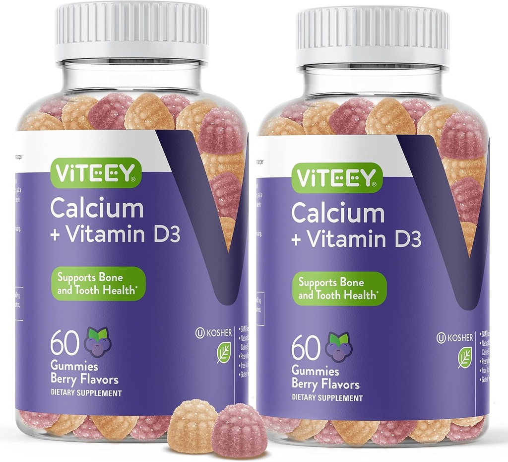 Kalcija Gumijas ar vitamīnu D3 - Atbalsta Kaulu veselību & Zobu Veselība - Košļājamās kalcija Gumijas sievietēm, vīriešiem un pusaudžiem - Košēra, Bez lipekļa, Bez ĢMO, Garšīgs Ogu uzliesmo kalcija košļājamā gumija