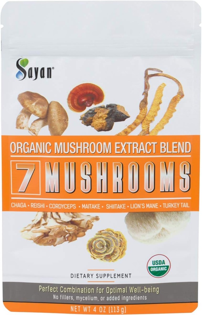Sayan 7 Sēnes USDA Organiskais ekstrakts Blend papildinājums 4 oz / 113g - Chaga, Reishi, Cordyceps, Maitake, Shiitake, Lauvas Mane un Turcijas Taile, bez filtrācijas, Pievienot kafijai vai tējai, Augļķermenim