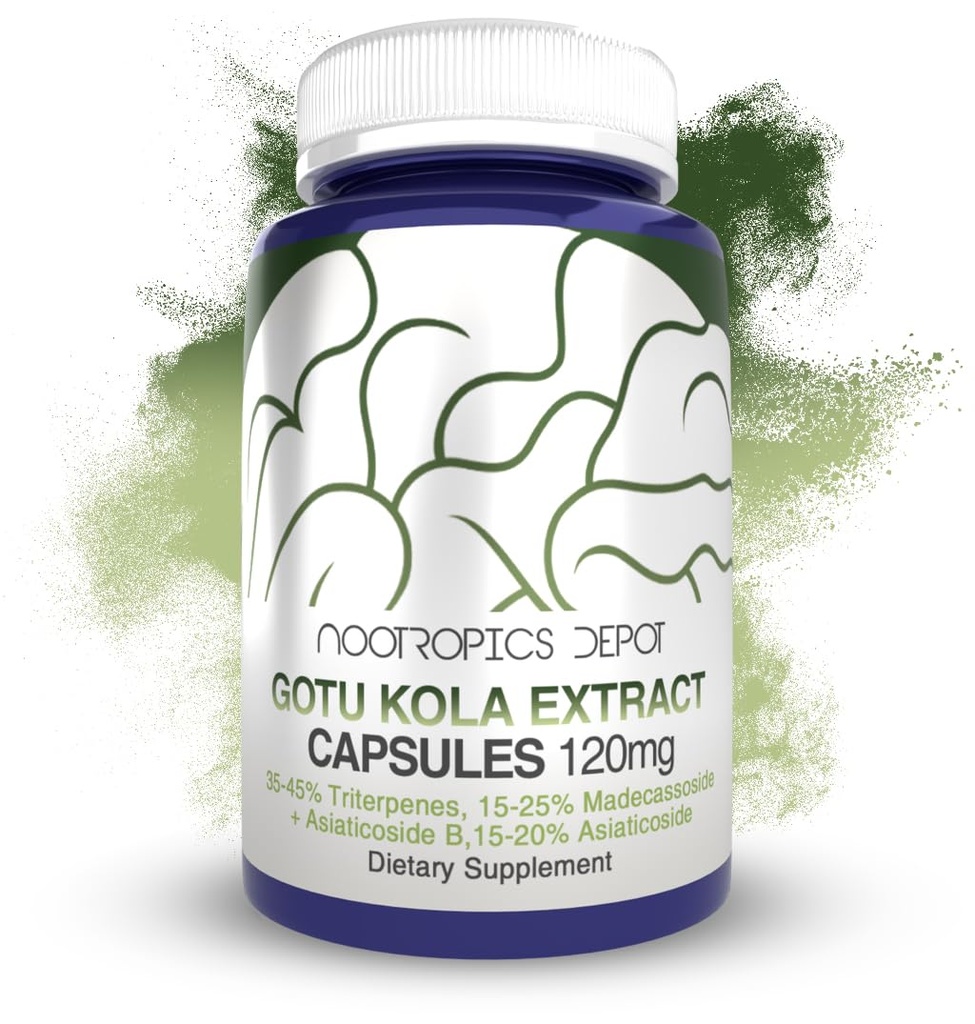 Nootrops Depot Gotu Kola ekstrakts Kapsulas - 120 mg - 90 Skaits - Skābe Rezistants - Centella asiatica - 35-45% Triterpēni - Atbalsts Veselīgs stresa līmenis - Veicināt atmiņas uzlabošanu