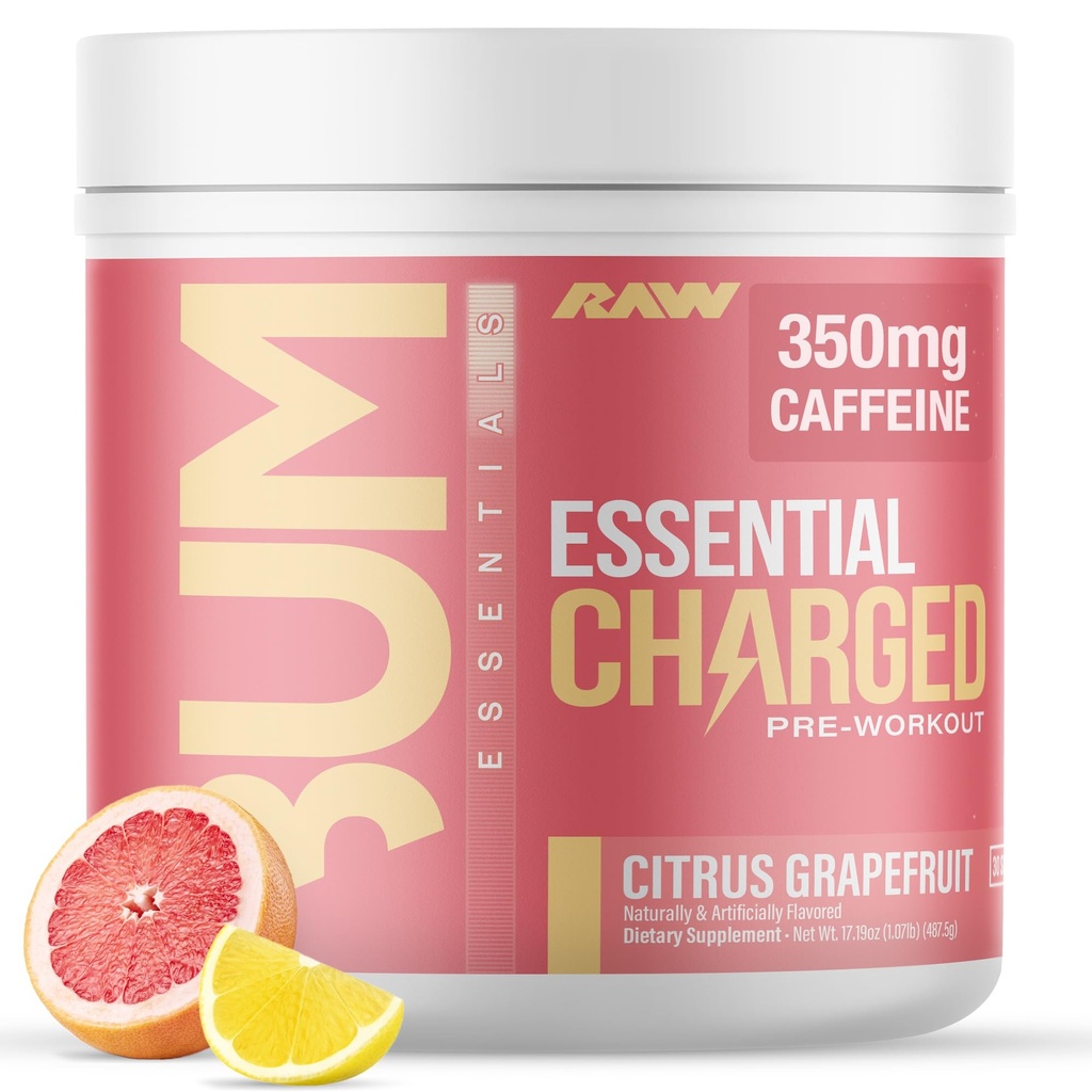 RAW Pre-Workout pulveris, essential CHARGED (Citrus Greipfrūts) - Preworkout Papildinājums vīriešiem, sievietēm - Atbalsta Focus, Mood, Veiktspēja - Kofeīns, Alpha-GPC, L-Citrulline, Beta Alanine (25 Servings)