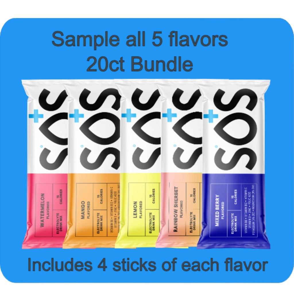 SOS hidratācija, elektrolītu pūdera iepakojumi – zema kaloritāte, zems cukura līmenis, strauja rehidratācija, ražoti ASV, Keto un Vegan Friendly 5-Flavor Variety Pack, 20 Sticks