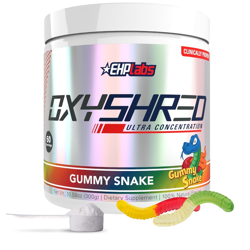 EHP Labs OxyShred Pre Workout Pulveris - Pirms treniņa Pulveris ar L Glutamine & Acetyl L Karnitīns, Enerģijas Boost Drink - Gummy Snake, 60 Pasniedz