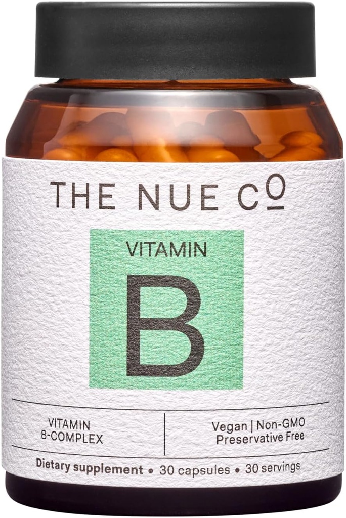 Nue Co. B vitamīna papildinājums, atbalsta enerģiju, veicina veselīgu ādu un matus, Vegan, bez lipekļa, 30 kapsulas
