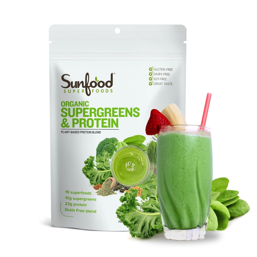 Sunfood Organic Supergreens & Olbaltumvielas - Zaļie Superfood Pulveris, Organic Protein Pulveris, Augu bāzes Vegan proteīns, Super Greens par Gut Health w/Chlorella & Spirulina, 23g Olbaltumvielas Per Servē - 8 oz