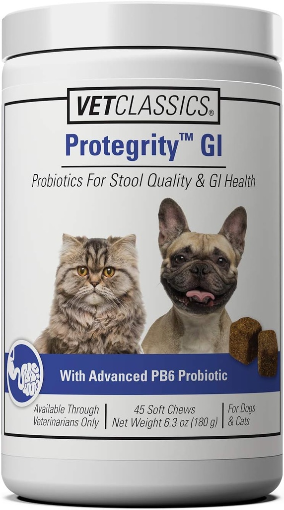 Vet Classics Protegrity GI Probiotikas suņiem un kaķiem stiebru kvalitāti un kuņģa-zarnu trakta veselību, atbalsta GI Veselības stresa un nelīdzsvarotība, 45 Soft Chews