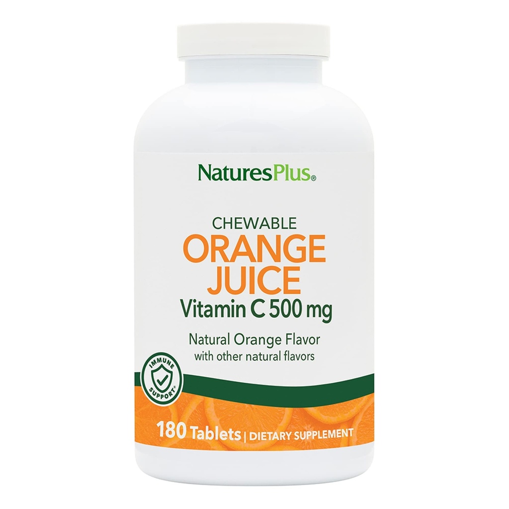 NaturesPlus Orange Juice Chewable vitamīns C - 500 mg, 180 tabletes - High potencial Imūnās atbalsta papildinājums, Antioksidants - Maiga uz kuņģa - Veģetārs, bez lipekļa - 180 Kalpo