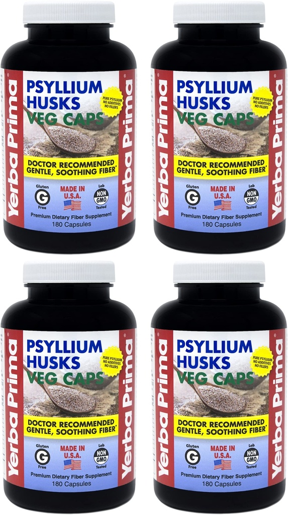 Yerba Prima Psyllium Husks Veg Caps - 180 Count (iepakojums no 4) - Vegan, Non-GMO, bez lipekļa, Colon Cleanser, Daily Fiber papildinājums Gut Health & Regularity