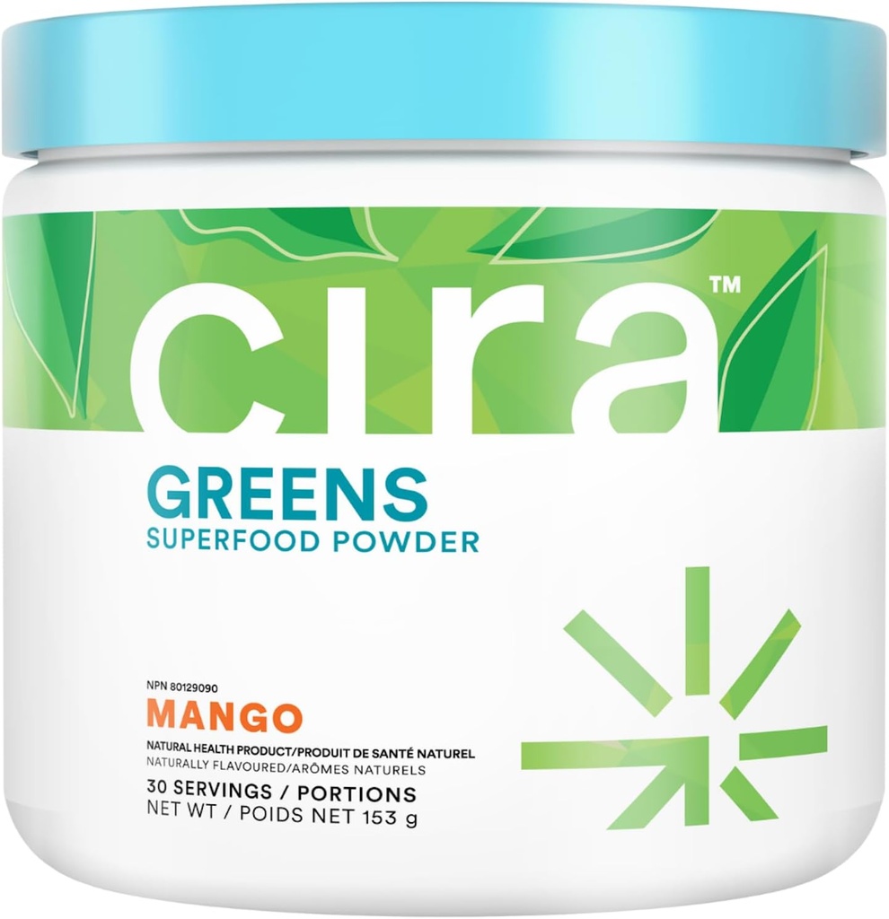 Cira Daily Greens - dabiski saldināts, Organic Spirulina Superfood Pulveris ar Premium, Antioksidants-Rich Sastāvdaļas uzpūšanai, Gremošana, & Enerģija - Mango, 30 Kalpo