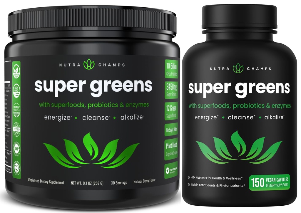 NutraChamps Super Zaļie Pulveris un Super Zaļie Kapsulas