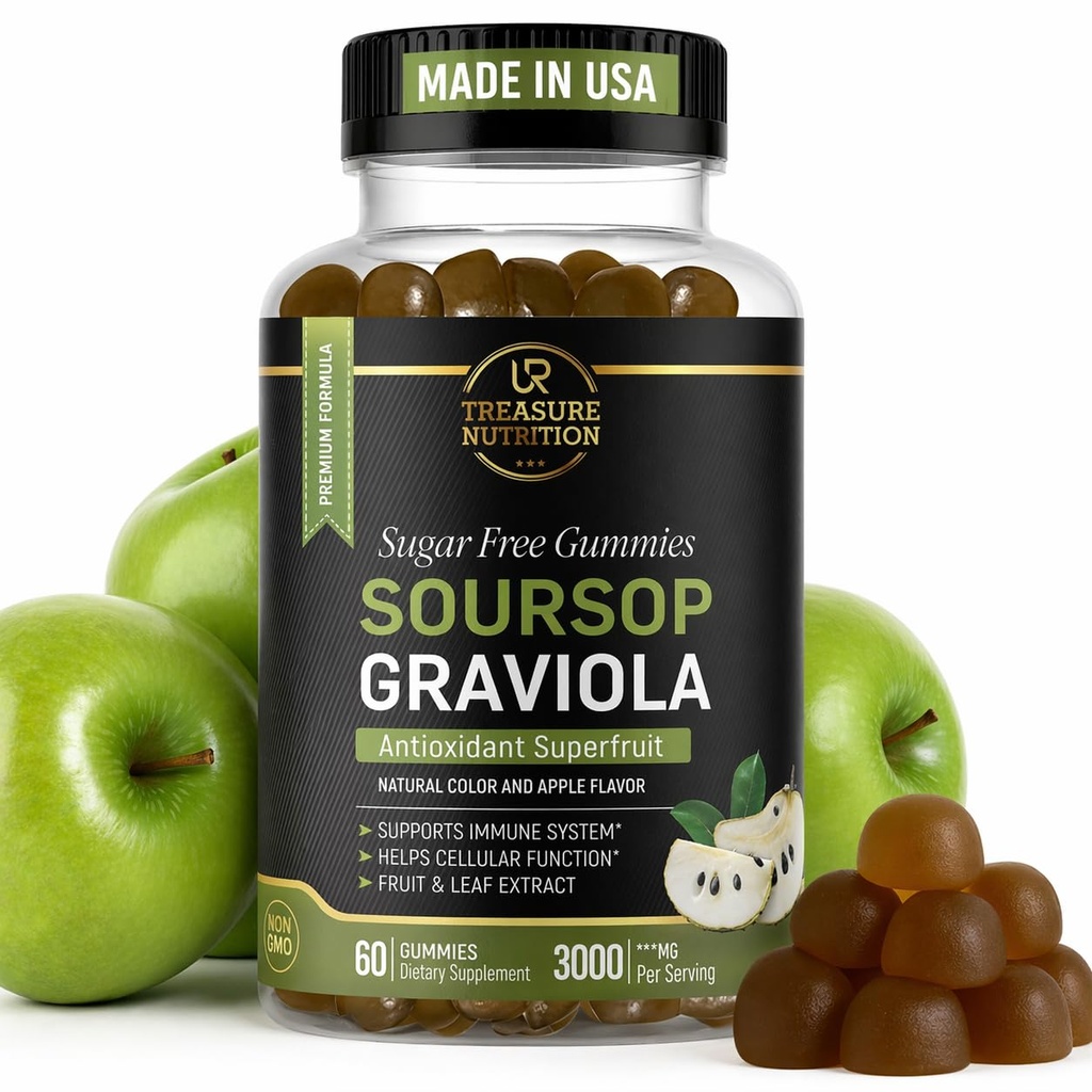 Sorsop Leaves & Soursop Fruit Gumies - 3000mg Sorsop ekstrakts - Graviola Pielikums - Sorsop Fruit and Leaf - 60ct - bez cukura - bez lipekļa - bez GMO - vegan Friendly