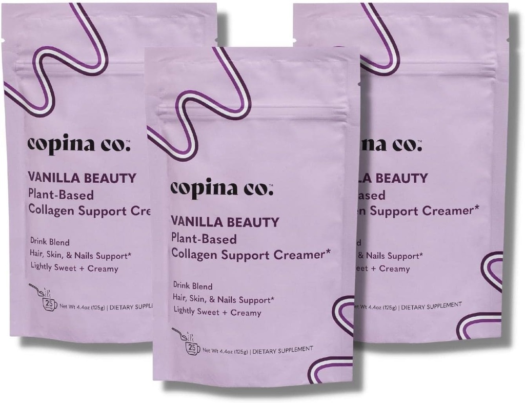 Copina Co. Vanilla Beauty Vegan kolagēns Booster Creamer - augu bāzes kolagēna atbalsts Gludināšanas dzēriens Vegan Creamy Blend  -Vanilla Flavor 3 Maisi - 25 Pasniedz vienu maisu