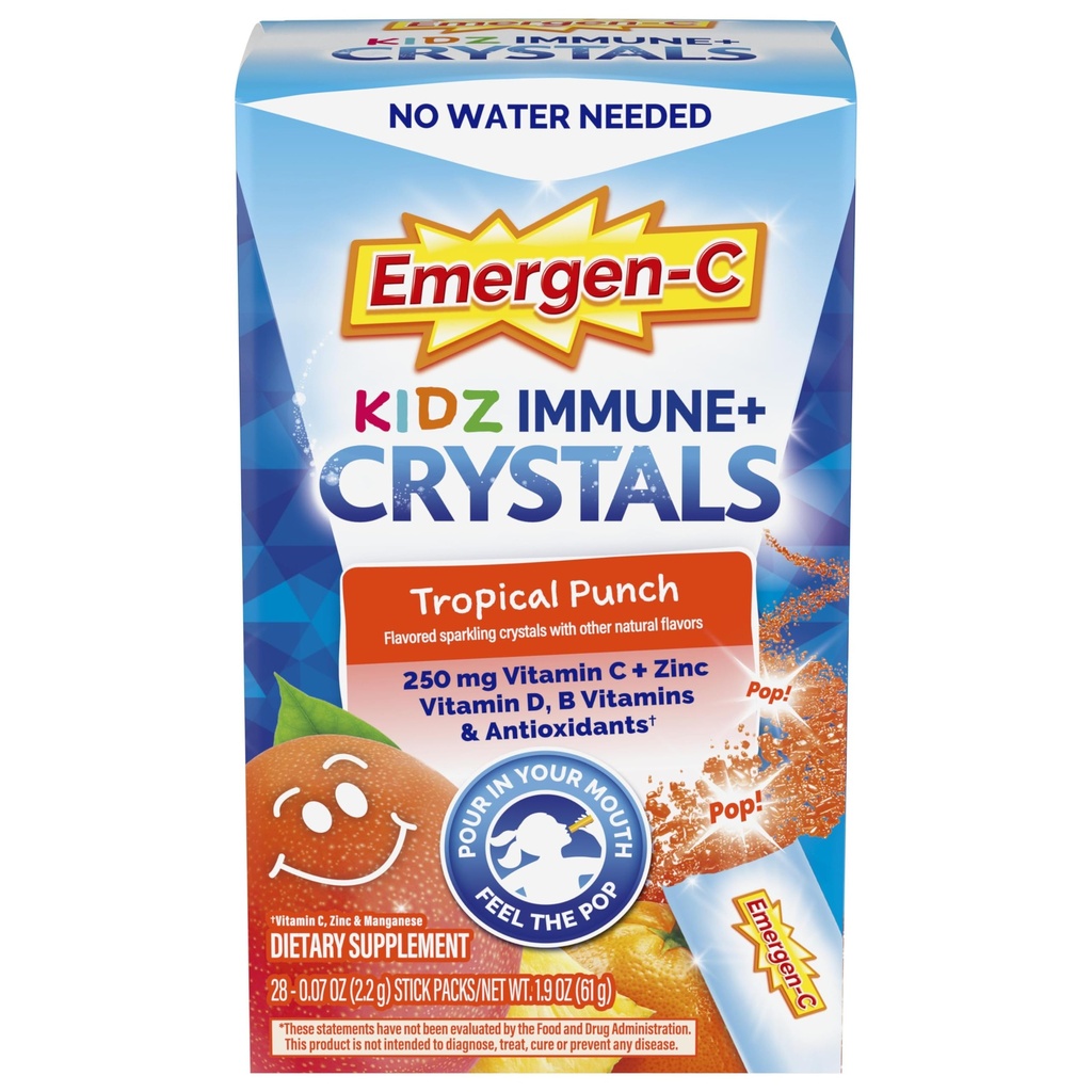 Emergen-C Kidz Imūnie Plus kristāli, on-The-Go Imūnais atbalsts Papildinājums ar C vitamīnu, D vitamīnu, B vitamīniem, cinku un mangānu, tropu punch, Atgriezties skolā Essentials - 28 Stick Packs