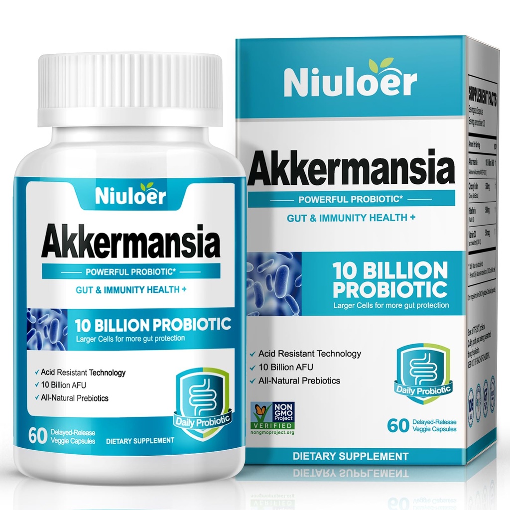 Akkermansia Probiotics, GLP-1 Probiotikas sievietēm un vīriešiem - 10 miljardi ASU + Organic Prebiotics, Gremošanas, Gut, Imūnās un vispārējās veselības, uzlabo Gut Digestive Lining Function (60 kapsulas, 1- Iepakojums)