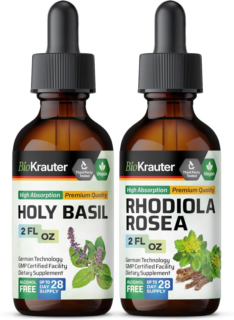 BIO KRATER Holy Basil Tincture 2 Fl. Oz. & Rhodiola Rosea Tincture 2 Fl. Oz.