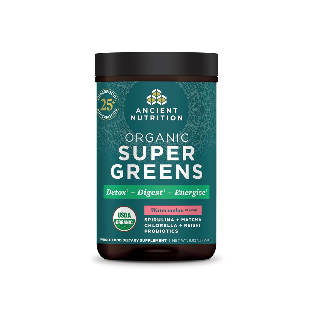 Ancient Nutrition SuperGreens Pulveris ar probiotikām, Organic Arcomon Flavor Greens, izgatavots no reāliem augļiem, dārzeņiem un augiem, gremošanas un enerģijas atbalstam, 25 Servējumi, 8.82oz