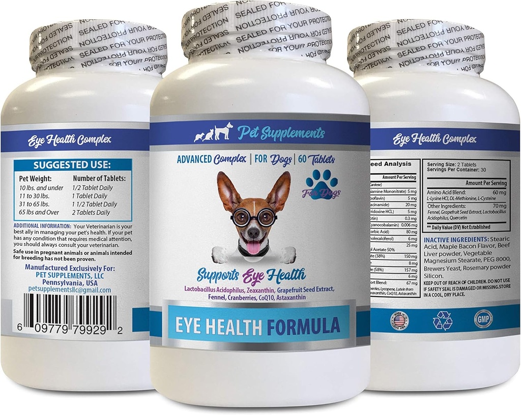 Suņi Acu vitamīni - suņi Acu veselības formula - Uzlabots acu atbalsts komplekss - VETs Ieteicams - Suns Lutein - 1 pudele (60 tabletes)