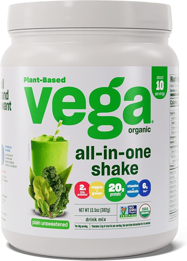 Vega Organic All-in-One Vegan Olbaltumvielu Pulveris, Plains Nesaldināts - Superfood Sastāvdaļas, Vitamīni Immunity Support, Keto Friendly, Pea Protein sievietēm un vīriešiem, 13.5oz (iepakojums May Vary)