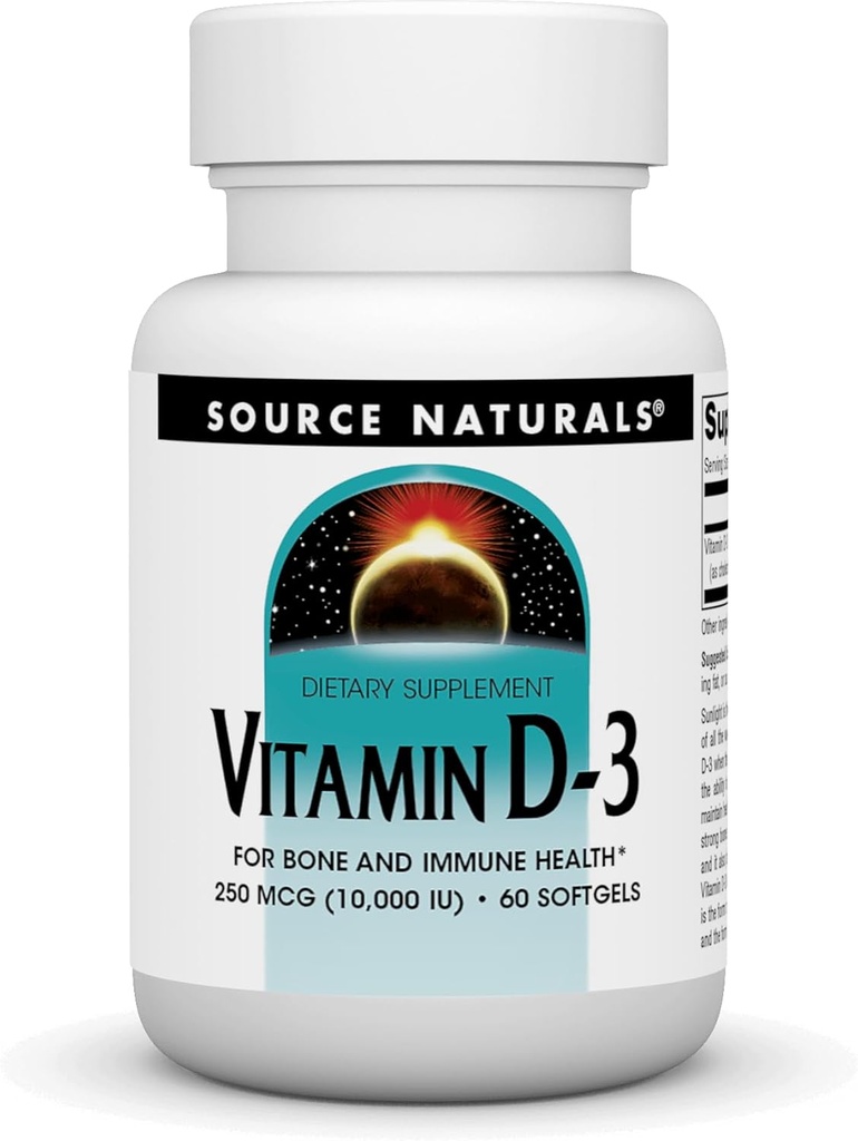 Avots Naturals D- 3 vitamīns, atbalsts Kaulu un imūnā veselība*, 250 μg (10 000 SV) - 60 softgeli
