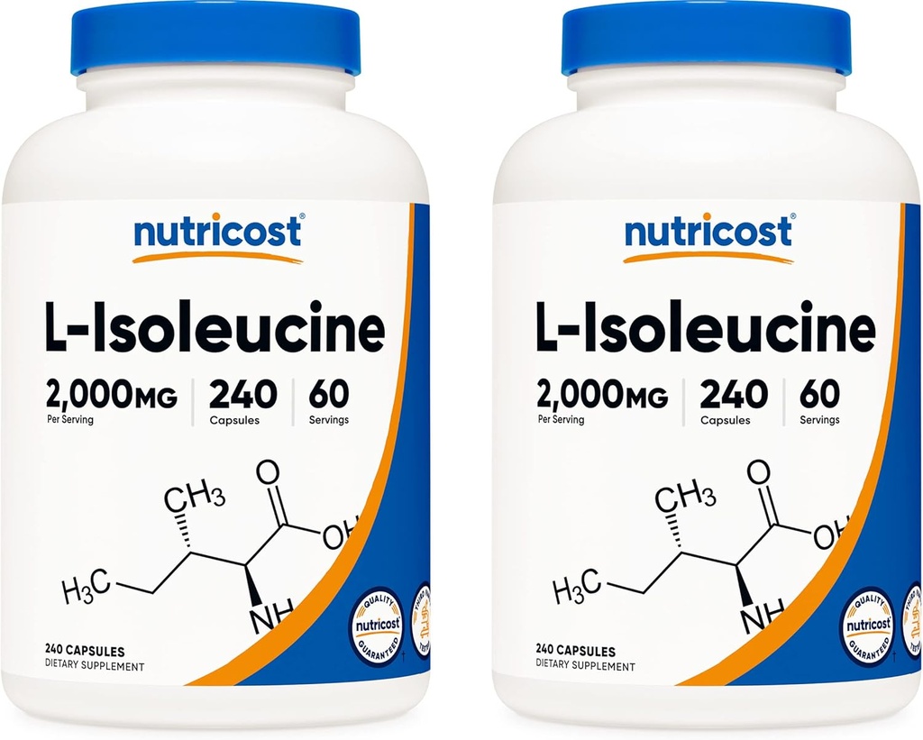 Nutricost L-izoleicīns 2000mg Per Servē, 240 kapsulas pudelē (2 pudeles)